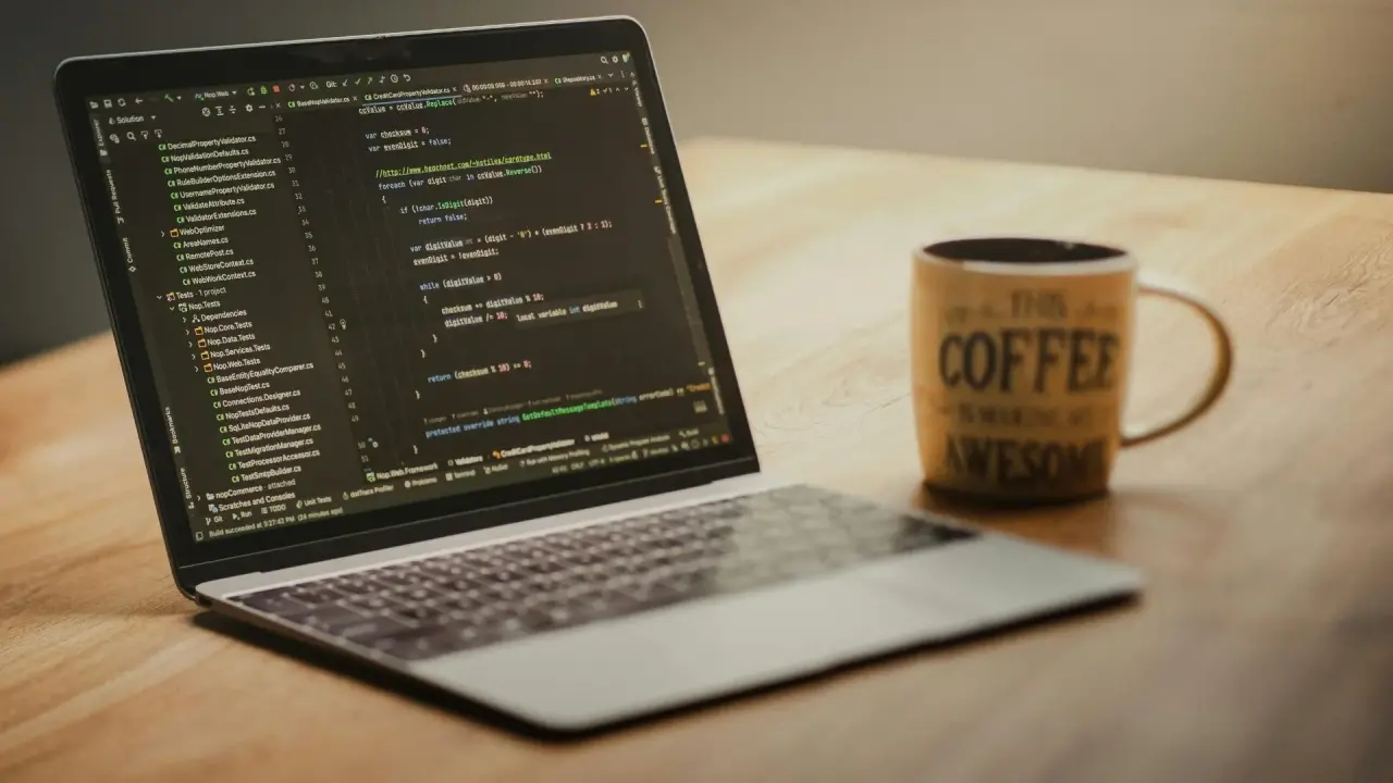 Masaüstünde laptop ve kahve